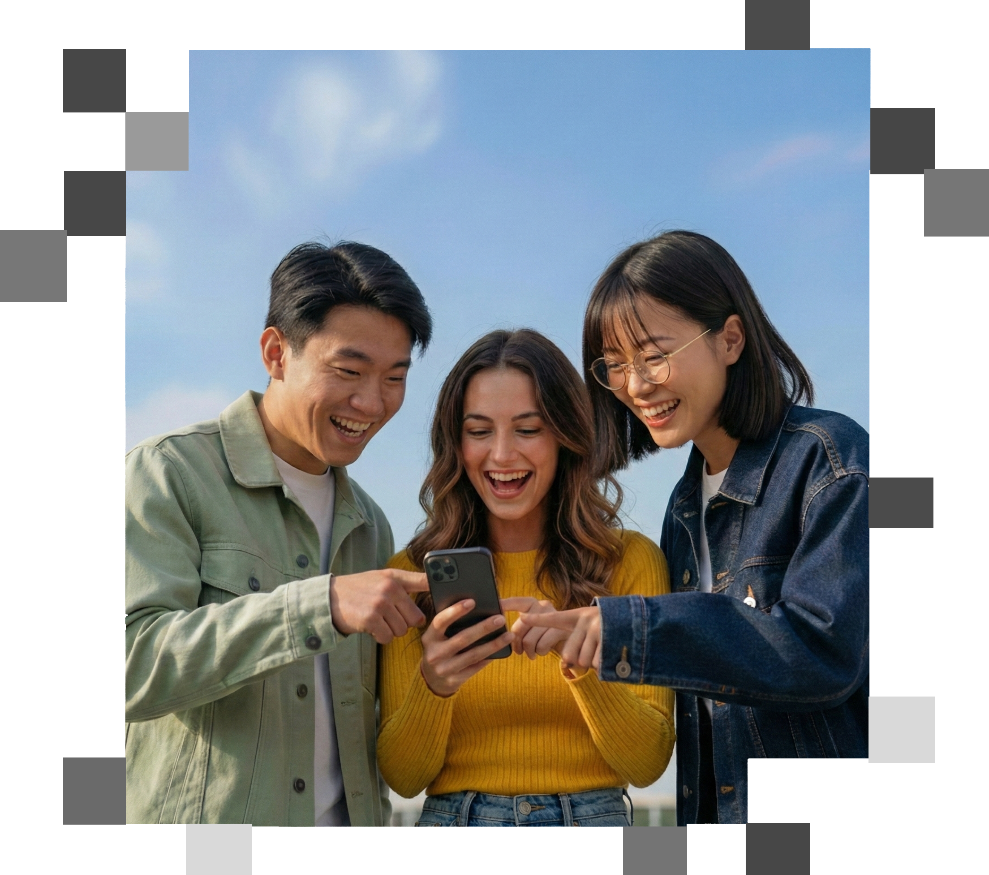 Team collaboration - three people looking at a mobile device together